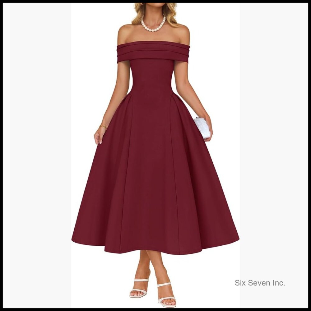 Off Shoulder Short Sleeve Midi Cocktail Dress With Ruched Design
